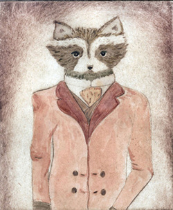 raccoon, animal, etching, intaglio, creatures, wild, drypoint, watercolored 