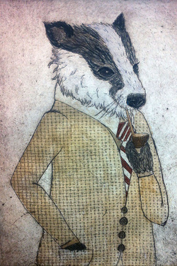badger, animal, etching, intaglio, creatures, wild, drypoint, watercolor 