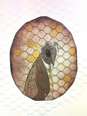bee, honey bee, bumble bee, honeycomb, insect, etching, intaglio, creatures, wild, drypoint, watercolor 