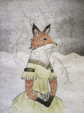 fox, animal, etching, intaglio, creatures, wild, drypoint, watercolor 