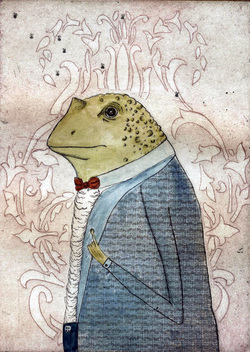 toad, frog, bow tie, amphibian, animal, etching, intaglio, creatures, wild, drypoint, watercolor 